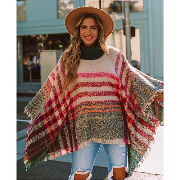 NEW Tara Cozy Boho Plaid Turtleneck Pullover Poncho Fringe - Picture 14 of 14